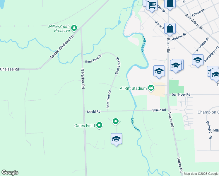 map of restaurants, bars, coffee shops, grocery stores, and more near 2504 Bent Tree Drive in Dexter