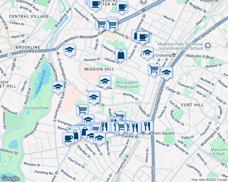 map of restaurants, bars, coffee shops, grocery stores, and more near 6 Bucknam Street in Boston