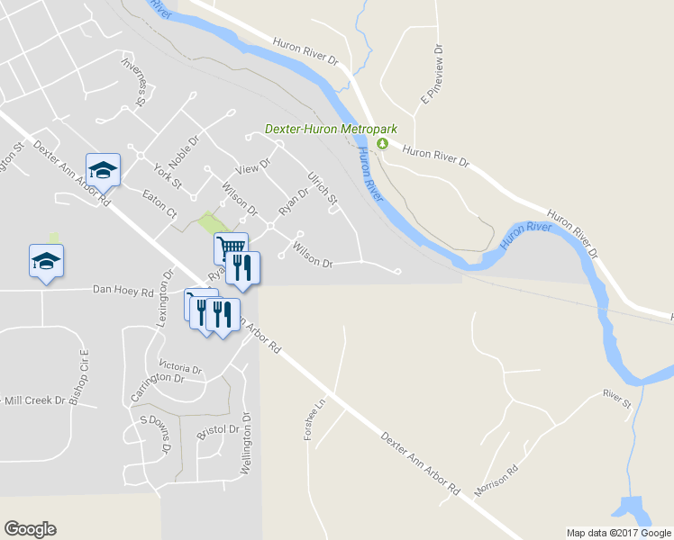 map of restaurants, bars, coffee shops, grocery stores, and more near 7037 Wilson Drive in Dexter