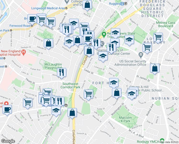 map of restaurants, bars, coffee shops, grocery stores, and more near Cedar St & Fort Ave in Boston