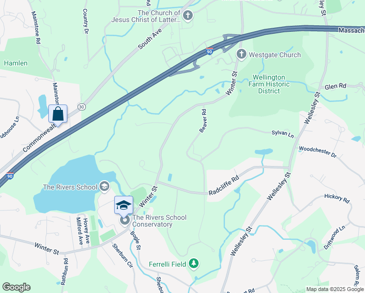 map of restaurants, bars, coffee shops, grocery stores, and more near 53 Beaver Road in Weston