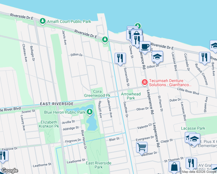 map of restaurants, bars, coffee shops, grocery stores, and more near 1140 Lakeview Avenue in Windsor