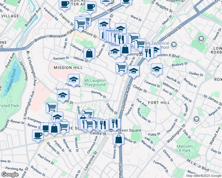 map of restaurants, bars, coffee shops, grocery stores, and more near 841 Parker Street in Boston