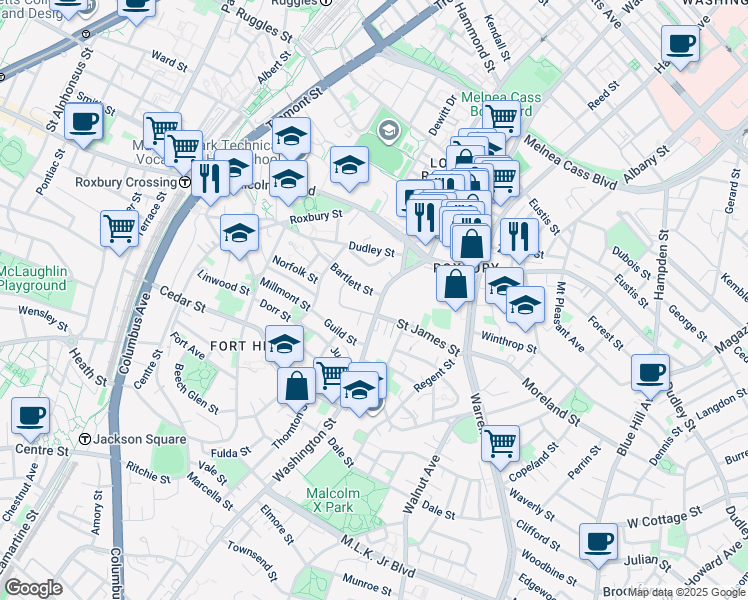 map of restaurants, bars, coffee shops, grocery stores, and more near 90 Saint James Street in Boston