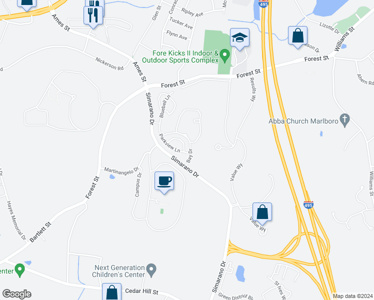 map of restaurants, bars, coffee shops, grocery stores, and more near 4107 Willow Trail in Marlborough