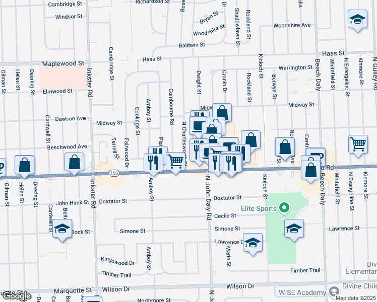 map of restaurants, bars, coffee shops, grocery stores, and more near 5637 North Charlesworth Street in Dearborn Heights