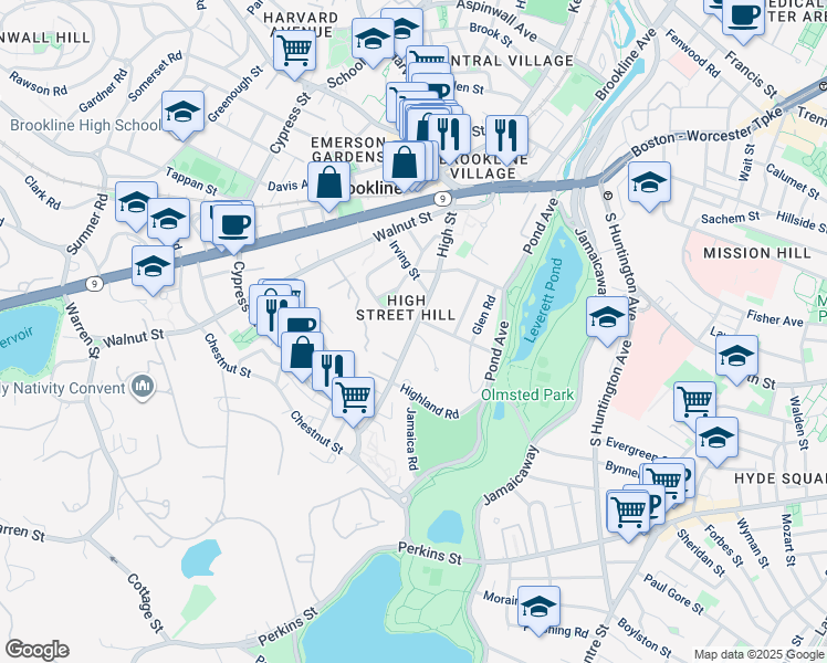 map of restaurants, bars, coffee shops, grocery stores, and more near High Street in Brookline