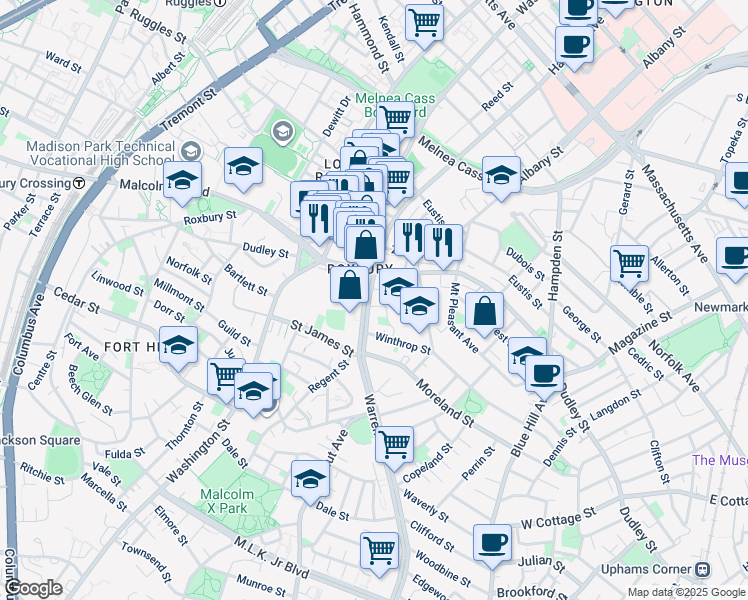 map of restaurants, bars, coffee shops, grocery stores, and more near 85 Warren Street in Boston