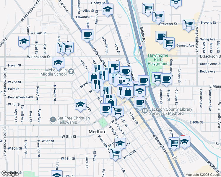 map of restaurants, bars, coffee shops, grocery stores, and more near 147 North Front Street in Medford