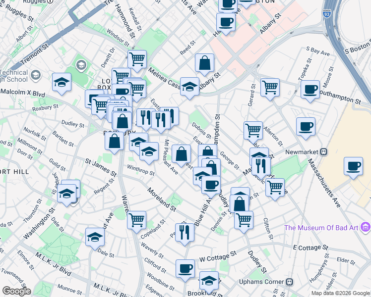 map of restaurants, bars, coffee shops, grocery stores, and more near 40 Forest Street in Boston