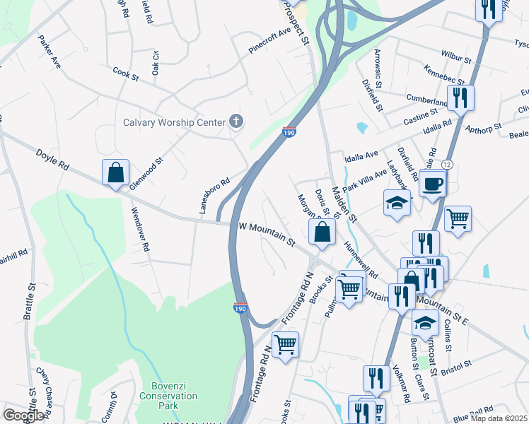 map of restaurants, bars, coffee shops, grocery stores, and more near 45 Mountainshire Drive in Worcester