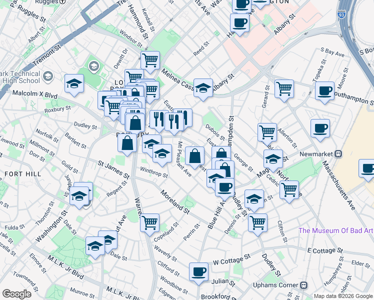 map of restaurants, bars, coffee shops, grocery stores, and more near 16 Mount Pleasant Avenue in Boston
