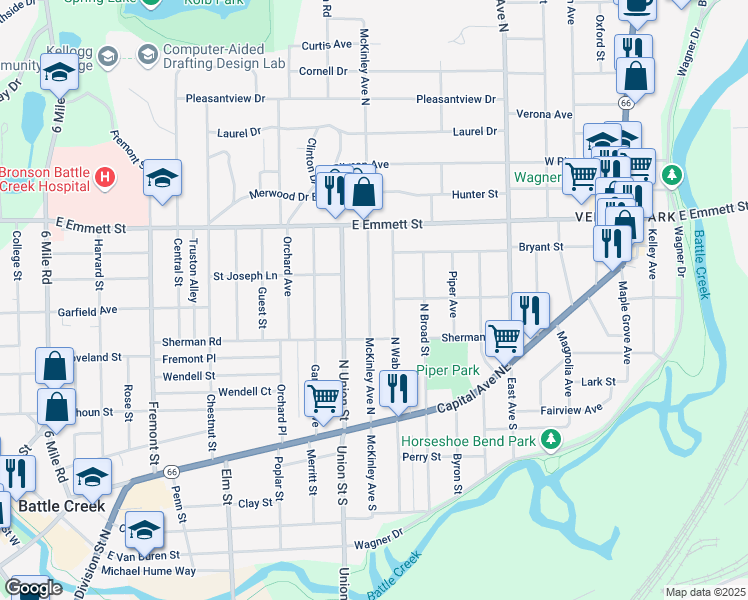 map of restaurants, bars, coffee shops, grocery stores, and more near 99 McKinley Avenue South in Battle Creek