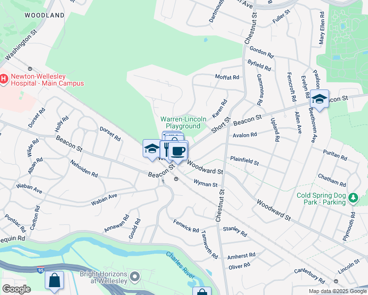 map of restaurants, bars, coffee shops, grocery stores, and more near 1601 Beacon Street in Newton