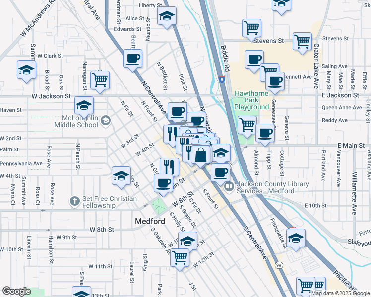 map of restaurants, bars, coffee shops, grocery stores, and more near 100 East 6th Street in Medford