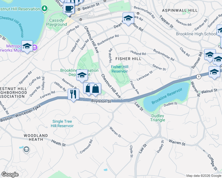 map of restaurants, bars, coffee shops, grocery stores, and more near 661 Chestnut Hill Avenue in Brookline