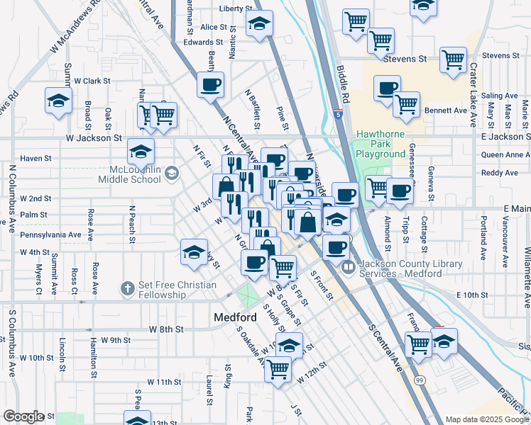 map of restaurants, bars, coffee shops, grocery stores, and more near 161 North Fir Street in Medford