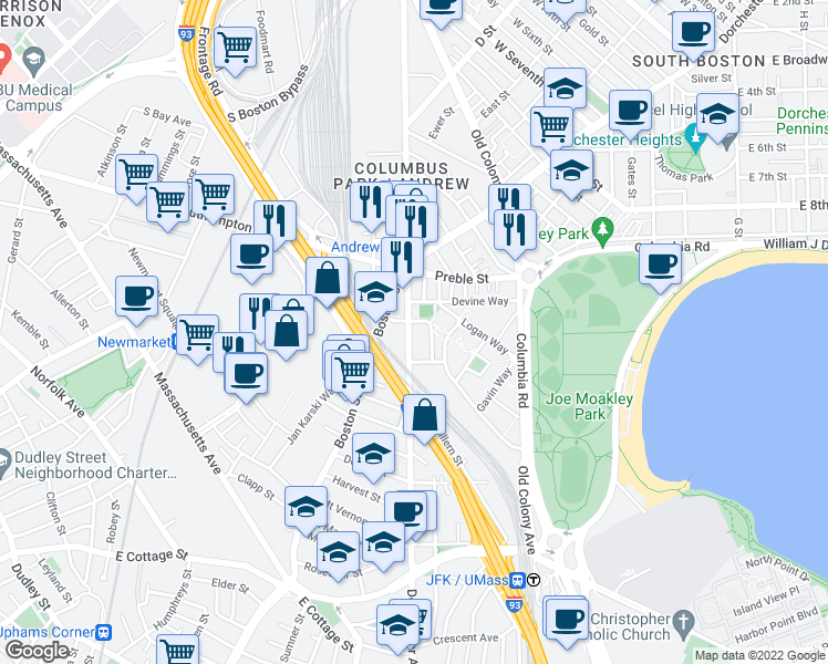 map of restaurants, bars, coffee shops, grocery stores, and more near 670 East 2nd Street in Boston