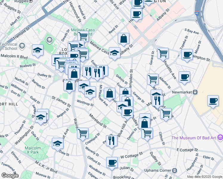 map of restaurants, bars, coffee shops, grocery stores, and more near 40 Forest Street in Boston