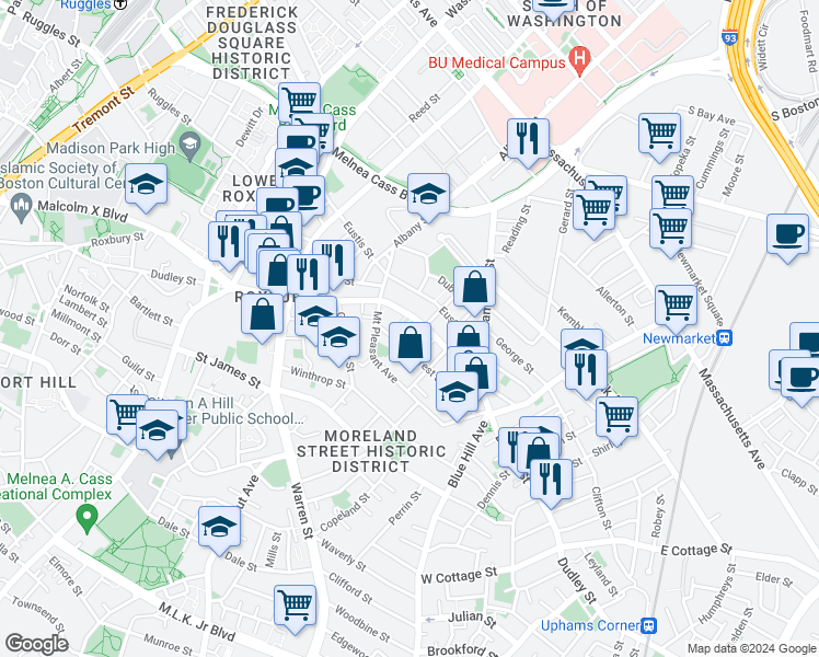 map of restaurants, bars, coffee shops, grocery stores, and more near 40 Forest Street in Boston