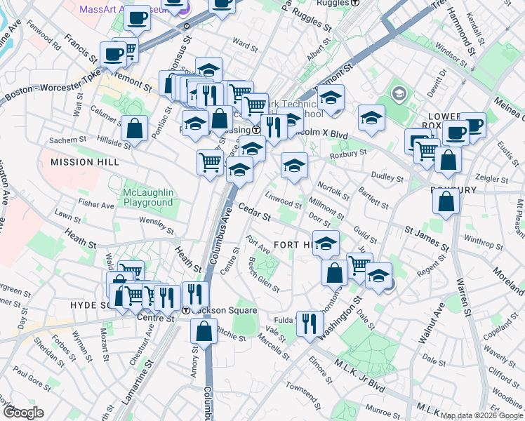 map of restaurants, bars, coffee shops, grocery stores, and more near 8 Highland Park Avenue in Boston