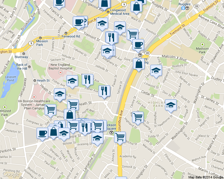 map of restaurants, bars, coffee shops, grocery stores, and more near 4 Fisher Avenue in Boston