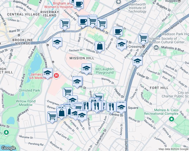 map of restaurants, bars, coffee shops, grocery stores, and more near 6 Bucknam Street in Boston