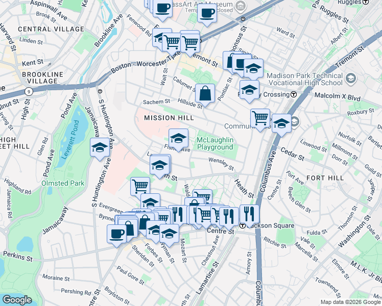 map of restaurants, bars, coffee shops, grocery stores, and more near 6 Bucknam Street in Boston