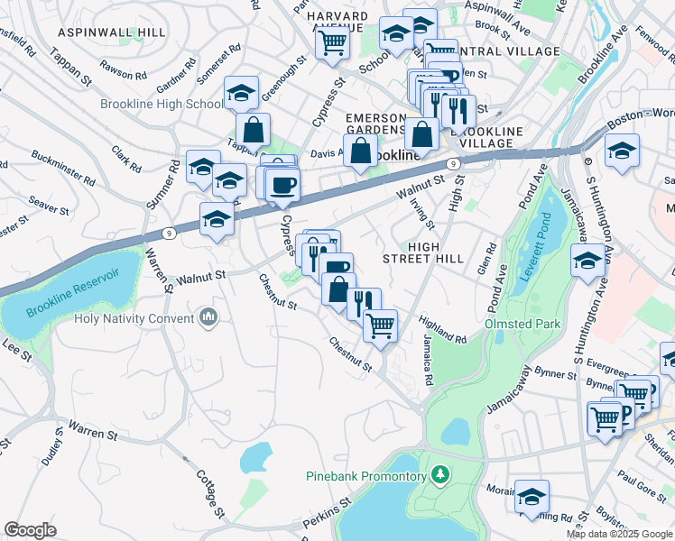 map of restaurants, bars, coffee shops, grocery stores, and more near 236 Cypress Street in Brookline