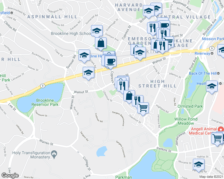 map of restaurants, bars, coffee shops, grocery stores, and more near 25 Prince Street in Brookline