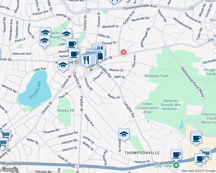 map of restaurants, bars, coffee shops, grocery stores, and more near 37 Knowles Street in Newton