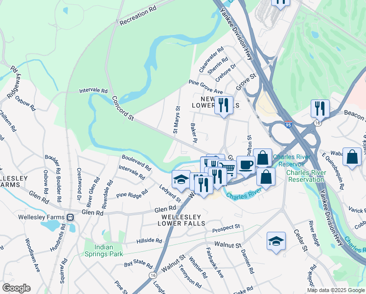 map of restaurants, bars, coffee shops, grocery stores, and more near 28 Grayson Lane in Newton