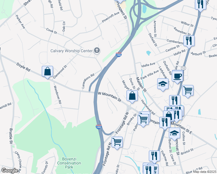 map of restaurants, bars, coffee shops, grocery stores, and more near 43 Mountainshire Drive in Worcester
