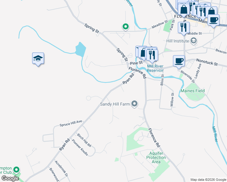 map of restaurants, bars, coffee shops, grocery stores, and more near 112 Ryan Road in Northampton