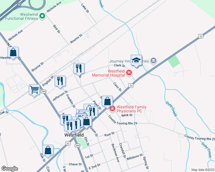 map of restaurants, bars, coffee shops, grocery stores, and more near 23-1/2 Holt Street in Westfield