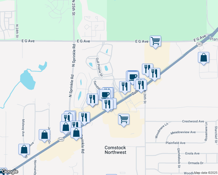 map of restaurants, bars, coffee shops, grocery stores, and more near 5749 Sandalwood Drive in Kalamazoo