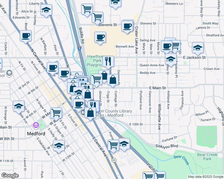 map of restaurants, bars, coffee shops, grocery stores, and more near 700 East Main Street in Medford