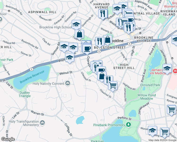 map of restaurants, bars, coffee shops, grocery stores, and more near 9 Mulford Street in Brookline