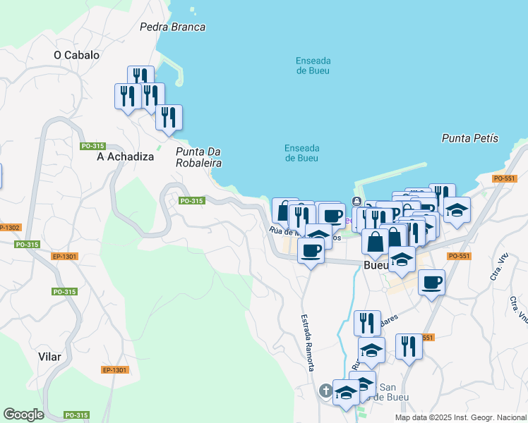 map of restaurants, bars, coffee shops, grocery stores, and more near 231 Avenida Montero Ríos in Bueu