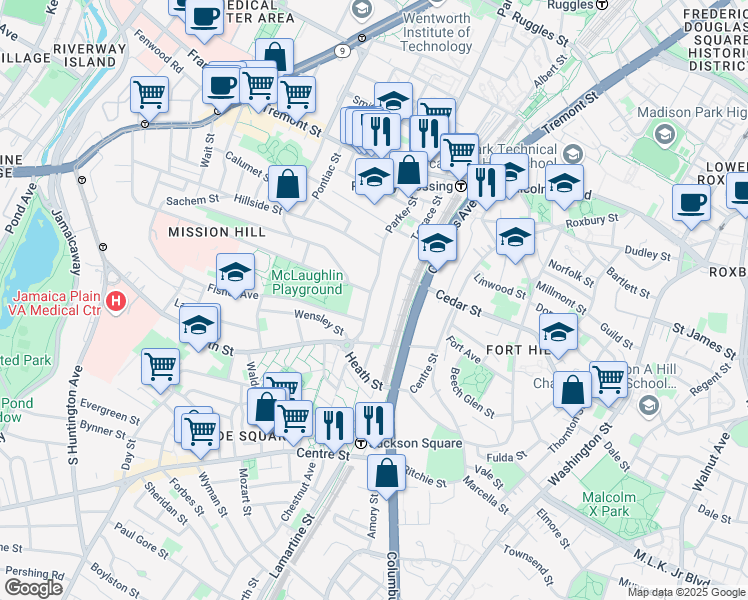 map of restaurants, bars, coffee shops, grocery stores, and more near 822 Parker Street in Boston