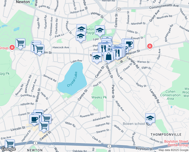 map of restaurants, bars, coffee shops, grocery stores, and more near 83 Norwood Avenue in Newton