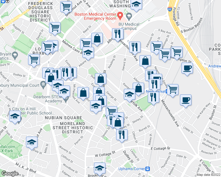 map of restaurants, bars, coffee shops, grocery stores, and more near Howard Street in Boston