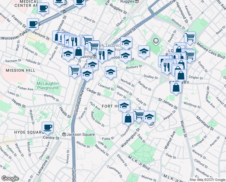 map of restaurants, bars, coffee shops, grocery stores, and more near 6 Linwood Street in Boston