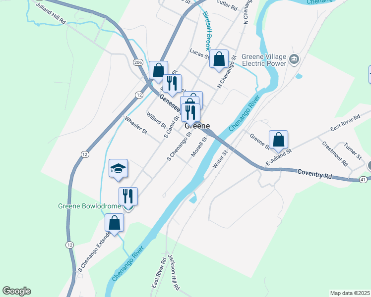 map of restaurants, bars, coffee shops, grocery stores, and more near 18 South Chenango Street in Greene