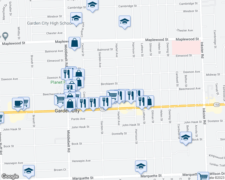 map of restaurants, bars, coffee shops, grocery stores, and more near 28636 Beechwood Avenue in Garden City