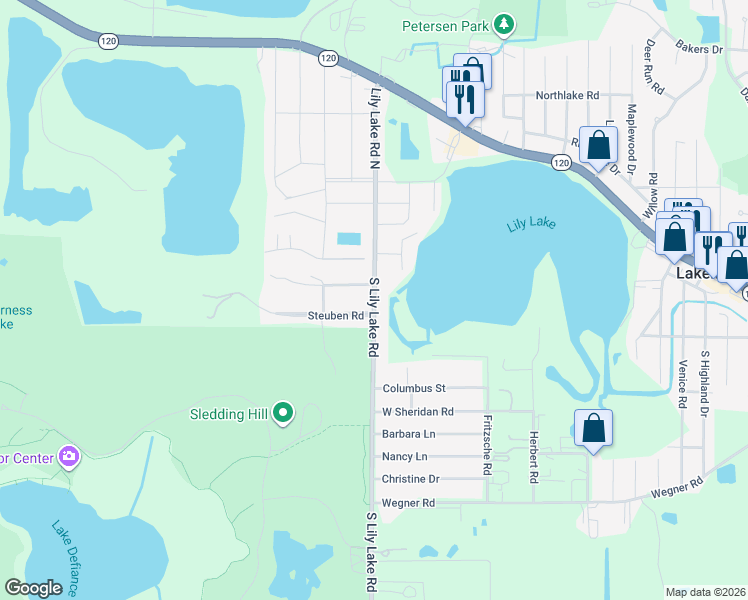 map of restaurants, bars, coffee shops, grocery stores, and more near 121 South Lily Lake Road in McHenry