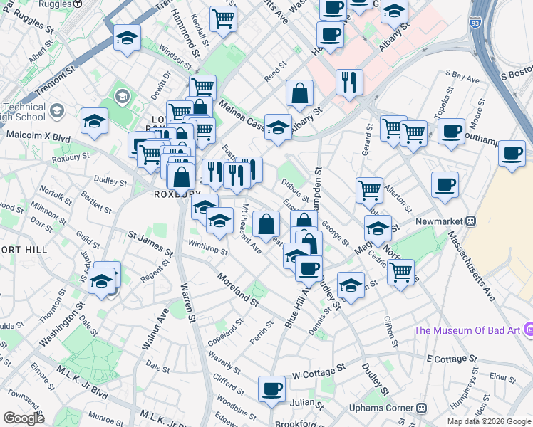map of restaurants, bars, coffee shops, grocery stores, and more near 159 Eustis Street in Boston