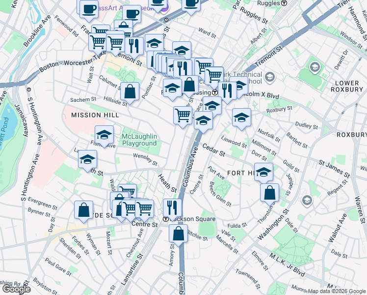 map of restaurants, bars, coffee shops, grocery stores, and more near 111 Terrace Street in Boston