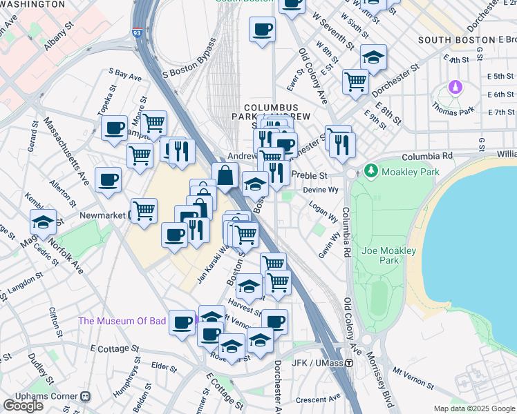 map of restaurants, bars, coffee shops, grocery stores, and more near 27-33 Boston Street in Boston