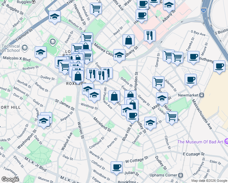 map of restaurants, bars, coffee shops, grocery stores, and more near 159 Eustis Street in Boston